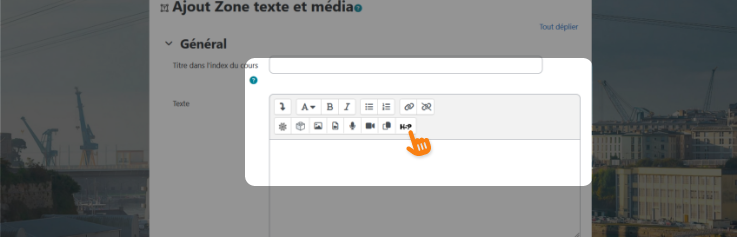 Interface Moodle pour importer un fichier H5P ou l'insérer dans une zone de texte et média.