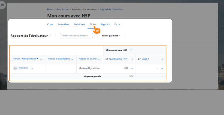 Résultats des activités H5P affichés dans le carnet de notes Moodle